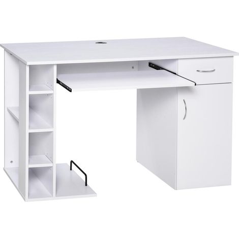 Bureau en MDF blanc pour ordinateur avec tiroir étagères et tablette clavier coulissante pour télétravail 120x60cm (1/5)