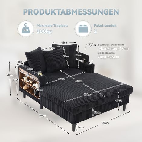 Salon multifonctionnel en velours côtelé avec chaise longue. Équipé de LED, porte-gobelets, rangement et port USB, pieds robustes