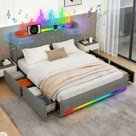 XMETPR Lit Capitonné Moderne 160x200 Bluetooth, Bande LED, Station de Charge USB, 4 Tiroirs de Rangement, Silencieux, Facile à Installer Tête de lit Gris (1/5)