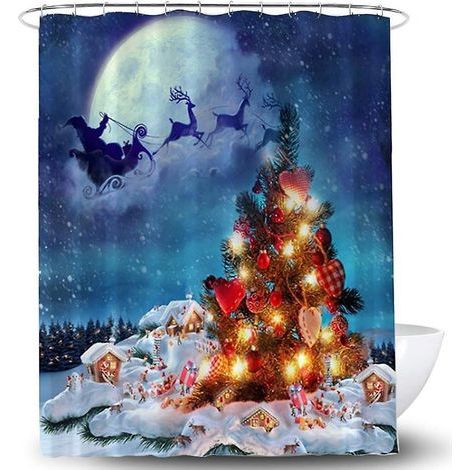 tenda da doccia natalizia in poliestere impermeabile con ganci (180 x 180 cm) per decorazioni natalizie del bagno. (1/5)