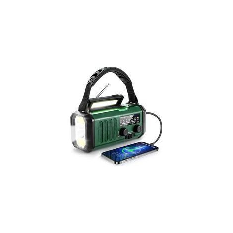 Générateur solaire portable avec radio d'urgence, lampe torche multifonction, batterie externe et alarme SOS, vert militaire (1/5)