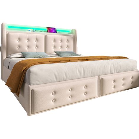 Lit coffre 140x200 cm en coton-lin beige avec matelas, LED, prises et USB, sommier à lattes inclus (1/5)