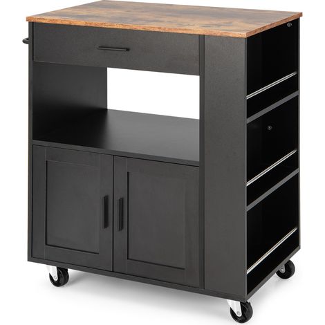 Isola da cucina su ruote con portaspezie cassetto grande armadietto a 2 porte Carrello da cucina rotante Nero (1/4)