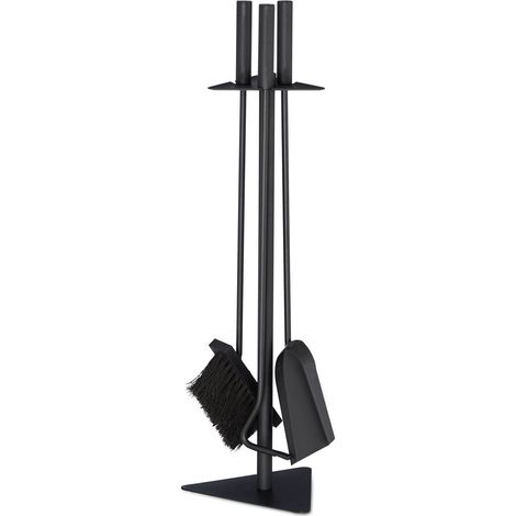 Relaxdays – Serviteur de cheminée 4 pièces en acier noir – Pelle à cendres, balai, tisonnier – Dimensions H60 x L18,5 x P16,5 cm