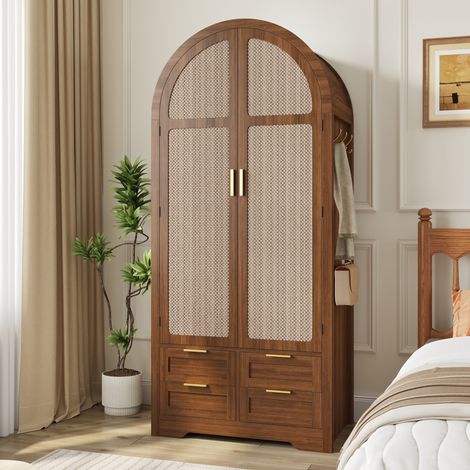 Armario ropero 80x50x180 cm de MDF y ratán, nogal, 4 cajones para dormitorio – MEUBLIV (1/5)
