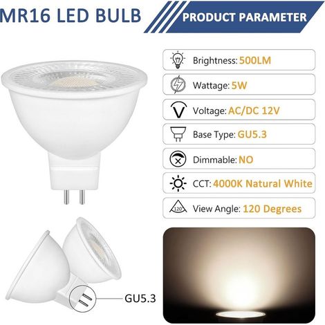 GU5.3 LED-Spotlampe, 5 W, Neutralweiß 4000 K, entspricht 35 W/50 W Halogen, 500 lm, 12 V AC/DC, 120° Abstrahlwinkel, GU5.3-Sockel (2-Pin), nicht dimmbar, MR16-LED-Reflektorlampe, 6er-Pack (1/5)