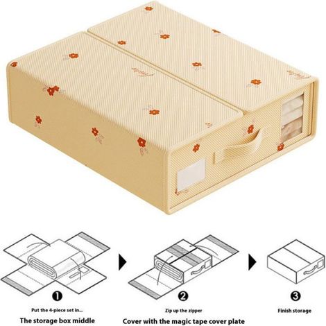 Boîte rangement non-tissé beige, 38×32×11,5 cm, pliable avec couvercle, fenêtre transparente et poignée (1/5)
