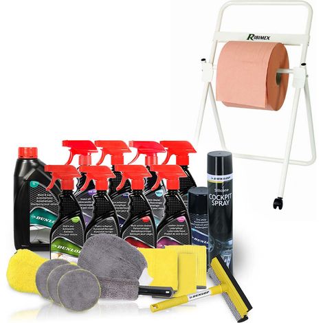 Kit Nettoyage Auto Complet 21 Pièces Neutre DUNLOP et Dévidoir sur pied, pour les garages, entretien auto (1/5)
