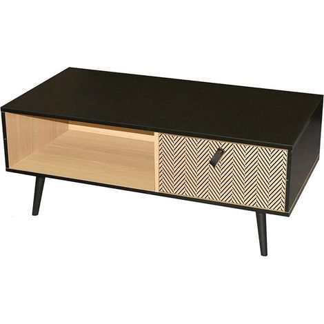 Table basse 1 tiroir et 1 niche de rangement à motifs chevron CHELSEA (1/5)