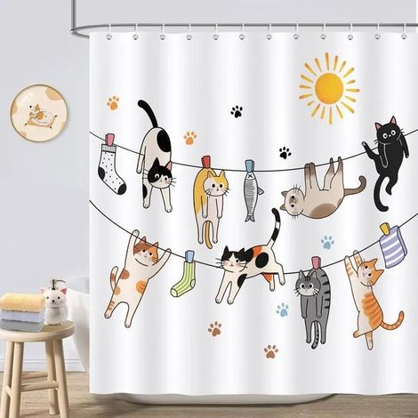 Rideau de douche chat mignon, baignoire drôle, simplicité moderne, enfant animal, 180x180 cm, - Enfant-1 180L X 180H cm (1 Panneaux) (1/5)