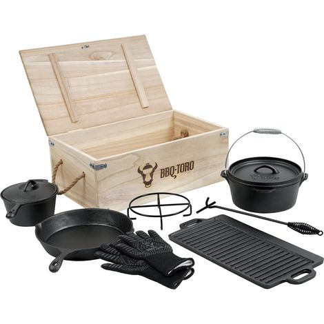BBQ-Toro 8 piezas Dutch Oven Set en caja de madera  hierro fundido, ya quemado en (1/5)