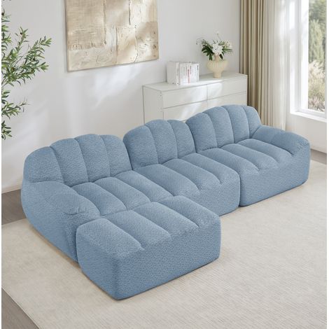 Canapé d’angle modulaire 288/165/79 cm bleu en fleece granuleux, 3 places avec ottoman, sans montage (1/5)