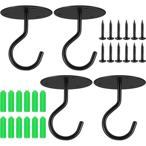 4 Pièces Crochets de Plafond pour Plantes Suspendues, Crochets de Suspension Robustes Fixés au Mur, Crochet de Plafond à Visser pour Suspendre Lanternes, Jardinières, avec Vis, Noir (1/5)