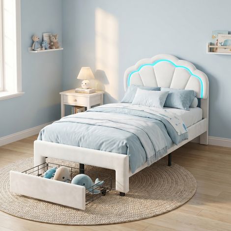 Einzelbett 90x200, LED-Beleuchtung und Stauraumschublade, Kinderbett mit verstellbarem Kopfteil in Muschelform, Samtbezug, moderner Prinzessinnen-Stil(90x200cm, Weiß)
