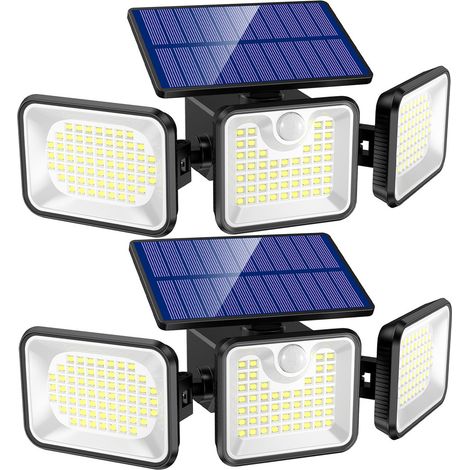 Détecteur de mouvement solaire extérieur, capteur infrarouge humain triple tête 180 LED, projecteur solaire avec éclairage 270°, étanche (pack de 2) (1/5)