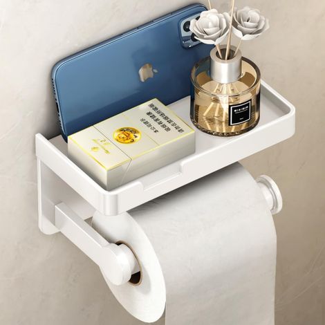 Porte Papier Toilette Mural, Derouleur Support Papier Toilette Murale avec étagère sans Percage Porte Papier WC Adhésif DéVidoir Papier Toilette Toilet Paper Holder(Blanc) (1/5)
