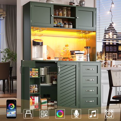 Buffet de cuisine 120x40x188 cm avec éclairage LED, étagère à snacks & porte-gobelets, 4 portes + 2 grands tiroirs, vert/noir/blanc (1/4)