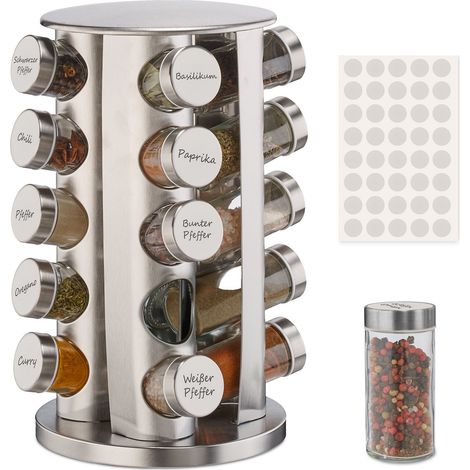 Relaxdays Portaspezie da Cucina, con 20 Barattoli, 40 Etichette, Girevole a 360°, Riempibile, Acciaio Inox, Argentato