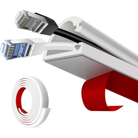 Goulotte Passe câble Auto adhésive 3 mètres, Type D 22x10 mm Blanc, Cache câble Mural et Sol Flexible en PVC, pour télévision, Bureau et Domicile, Inclus Ciseaux (1/5)
