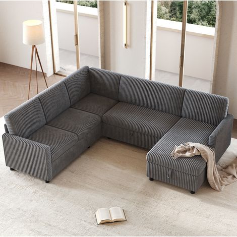Canapé d'angle U convertible avec rangement, corduroy gris 274 x 220 x 85 cm HAVRYA (1/5)