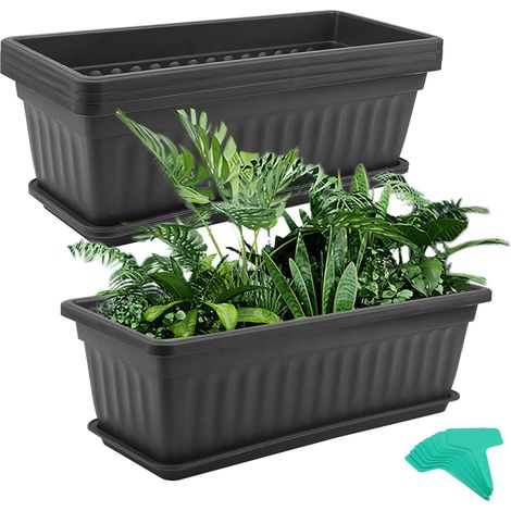 4 x 43 cm black rectangular balcony planters with saucer, flower pot, rectangular plastic planter, for outdoor garden, balcony (1/5)