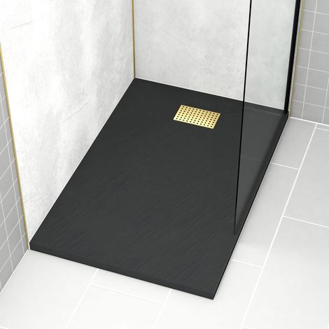 receveur de douche noir effet pierre 80x120 cm et grille décor perforée or doré brossé