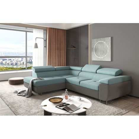 Ecksofa Sofa JADE Stoff Sawana Dunkelgrau-Meeresgrün mit Schlaffunktion Ottomane Links (1/2)