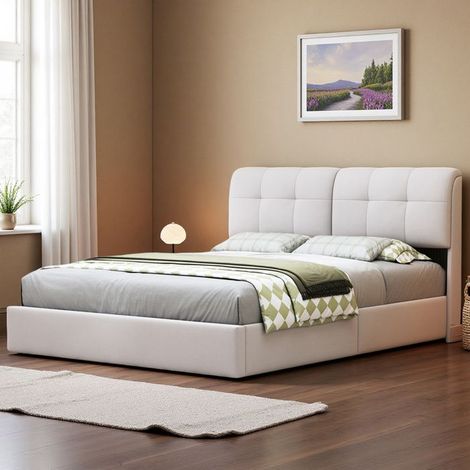 Bett für Erwachsene 160x200 cm, SM03, RGB LED, hydraulisch, Samt, Bettgestell für Erwachsene 160x200 cm, beige