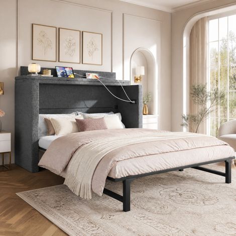 DESMIU Lit escamotable 140 × 200 cm 2 places avec 1 tiroir, USB, Type-C et étagère, sans matelas, gris (1/5)