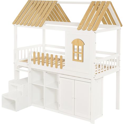 Cama alta infantil 90x200 cm con armario, escalera y almacenamiento, madera, blanco y natural (1/5)