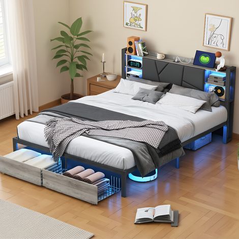 Metallbett Doppelbett 160x200 cm mit LED und USB-Ladefunktion, Modernes Stauraumbett mit 2 Schubladens, Bettgestell mit Kopfteil und Lattenrost, Schwarz