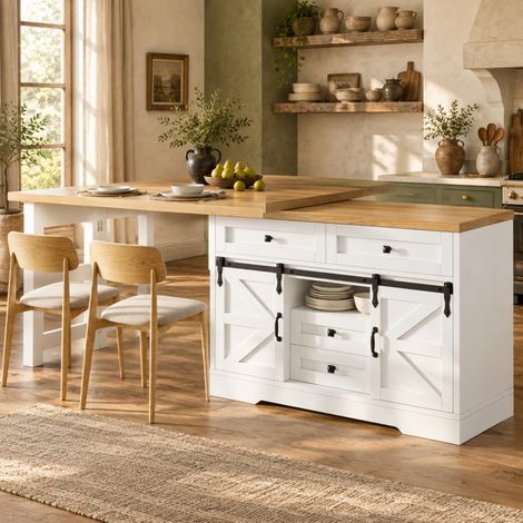 Ausziehbare 2-in-1-Kücheninsel weiß aus MDF mit Sideboard und Schiebetüren OKWISH (1/5)