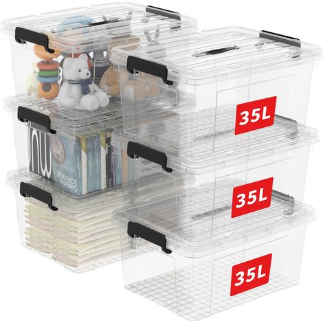 35L6 Boîte de Rangement, Bac de rangement avec Poignée, Plastique Organisateur avec Couvercle, Empilable, Transportable, pour Vêtements, Bureau, Chambre, Dortoirs, Transparent, 35L - Lot de 6 (1/5)