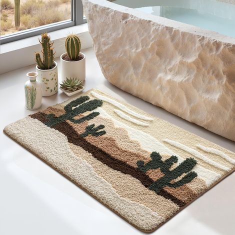Tapis Salle de Bain 40 x 60 cm, Antidérapant et Absorbant, Lavable en Machine, Doux et Confortable pour Douche, Baignoire, Beige Motif Cactus (1/5)
