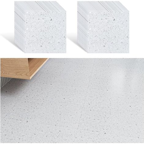 24 Pack White Granite PVC Floor Covering Vinyl Terrazzo White Tile Look Bathroom Kitchen 30cm × 30cm (1/5)