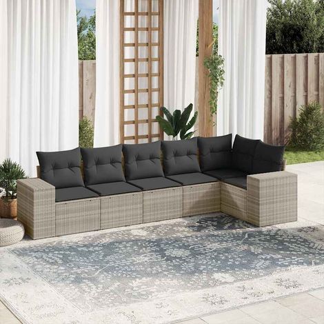Canapé d'extérieur 6 places en résine tressée gris clair avec coussins, rangement intégré et design modulaire (1/3)