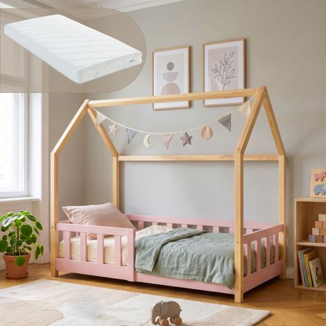 Hausbett Hesel mit Matratze und Rausfallschutz 70x140 cm Rosa/Natur  [en.casa] (1/5)