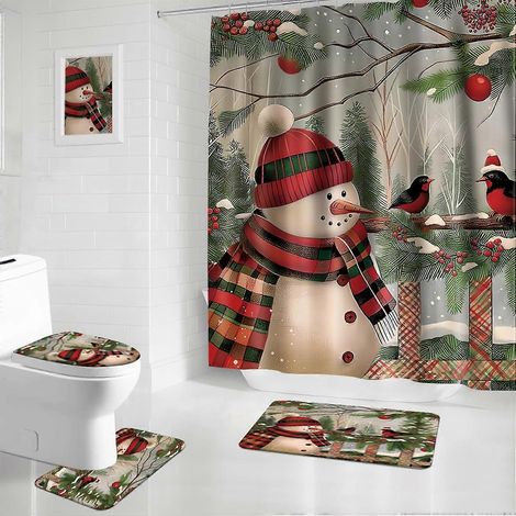 Ensemble de 4 pièces avec rideau de douche et tapis de bain, motif bonhomme de neige de Noël, tapis de bain antidérapant et absorbant, tapis de bain en forme de U, couvre-abattant de toilette et carte (1/5)
