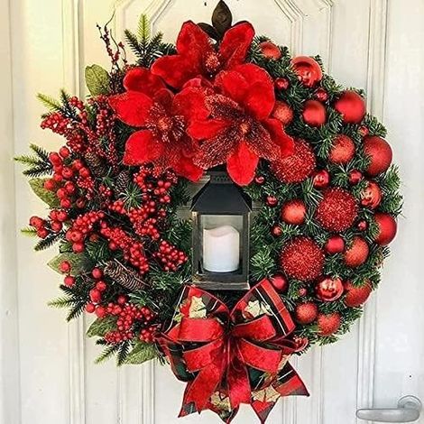 Sacred Christmas Wreath with Lights, Red Vintage Sacred Christmas Wreath with Christmas Balls for Christmas Krippe Eingangstür (40cm)