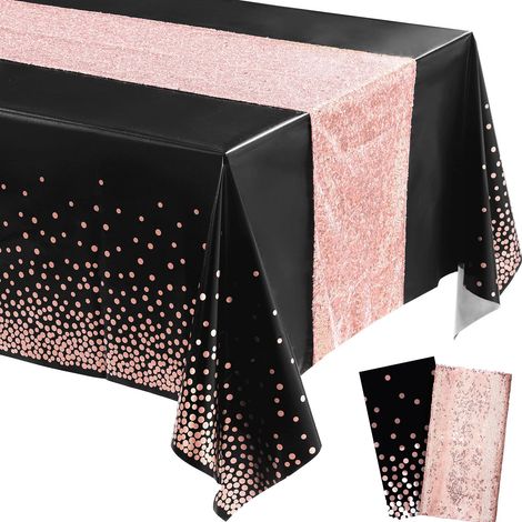 Nappe Jetable - Nappe En PEVA Avec Motif Points - Chemin De Table En Paillettes - Pour Anniversaire Mariage Fête - Noir Or Rose - 2 Pièces (1/5)