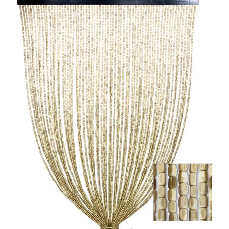 Tenda Perline Legno Beige Handmade Natura - Fili Bamboo 100% Naturale - Asta Nera - Uso Interno - Decorazione Porta e Divisorio Cm. 100x220