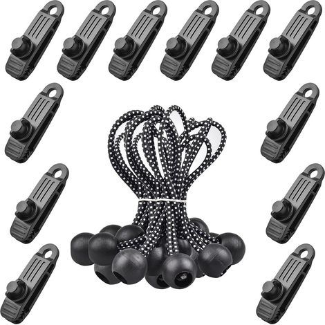24 Pcs Clip de Tente Bâche avec 12x Pince pour bache et 12x Tendeur Corde Elastique, Pince a oeillet pour bache Camping Accessoires pour Tentes, bache Piscine, Bâches, Auvents, Gazebos Tente,B (1/4)