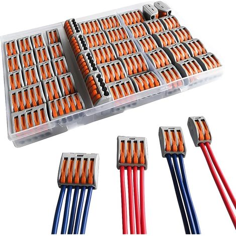 Connecteurs de Fil de Câble électriques Compacts kit, Bornes de Connexion Automatique, Rapide, 14pcs 2 entrées, 14pcs 3 entrées,10pcs 4 entrées, 8pcs 5 entrées, Cuivre (1/5)