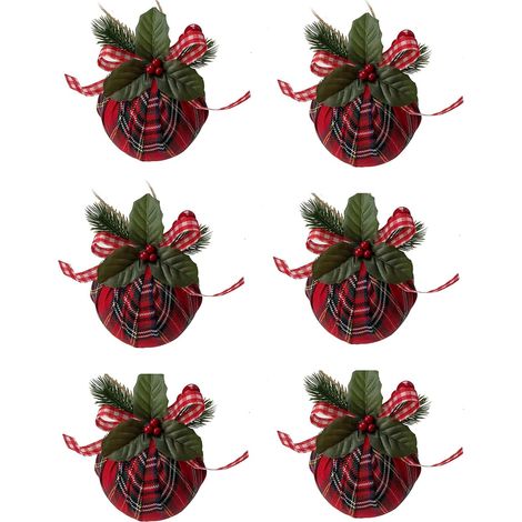 Lot de 6 Boule de Noël, motif carreaux vichy rouge, avec nœud et feuilles, pour sapin de Noël, décoration intérieure (1/5)