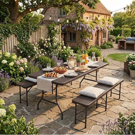 Table pique-nique pliante 183 cm marron en plastique avec bancs intégrés (1/5)