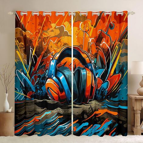 Rideau Occultant 140x260 cm Casque de Jeu Rideau Gamer Graffiti Rideaux Voilage Style Doodle Voilage Fenetre Casque de Jeu pour Chambre Salon - 140L X 260H cm (2 Panneaux) (1/5)