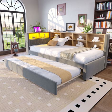 Canapé lit simple 90 x 200 cm avec lit gigogne 90 x 190 cm, avec rangement multiple, LED ports USB Type C, flanelle gris (1/5)