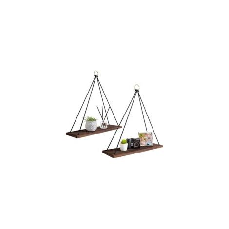 Étagère Murale Boho, Lot de 2 Étagères Flottantes en Bois avec Corde, Décor Rustique pour Chambre et Salle de Bain- Crezuo (1/4)