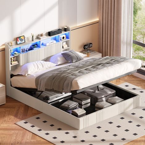 Lit Coffre Double 160x200 cm en Lin avec Tête de Lit Rangement Sockets USB et Éclairage LED RGB - Sommier Hydraulique Intégré pour Adulte - Beige (1/5)