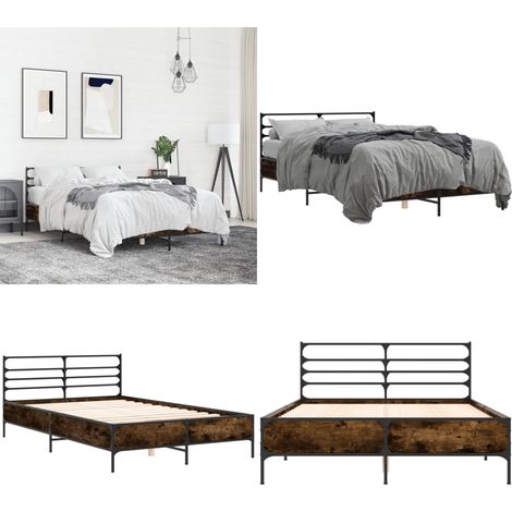 Bettgestell Räuchereiche 135x190 cm Holzwerkstoff und Metall - Holzbettfassungen - Doppelbett Gestell - Bettrahmen - Massivholzbette - Eiche Möbel - Home & Living (1/5)